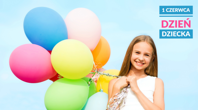 dziewczynka z balonami na błękitnym tle