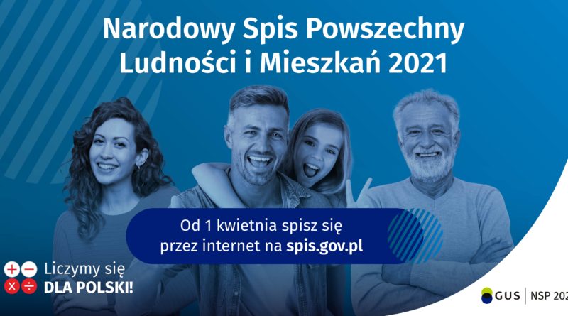 anner informacyjny o Narodowym Spisie Powszechnym, osoby na niebieskim tle, napis "wejdź na spis.gov.pl i spisz się! Spis trwa od 1 kwietnia",