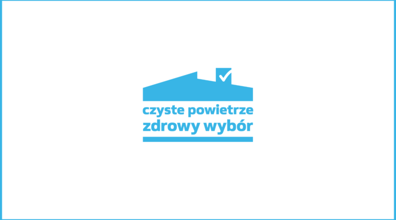 dom w błękitnych barwach, logo programu Czyste Powietrze