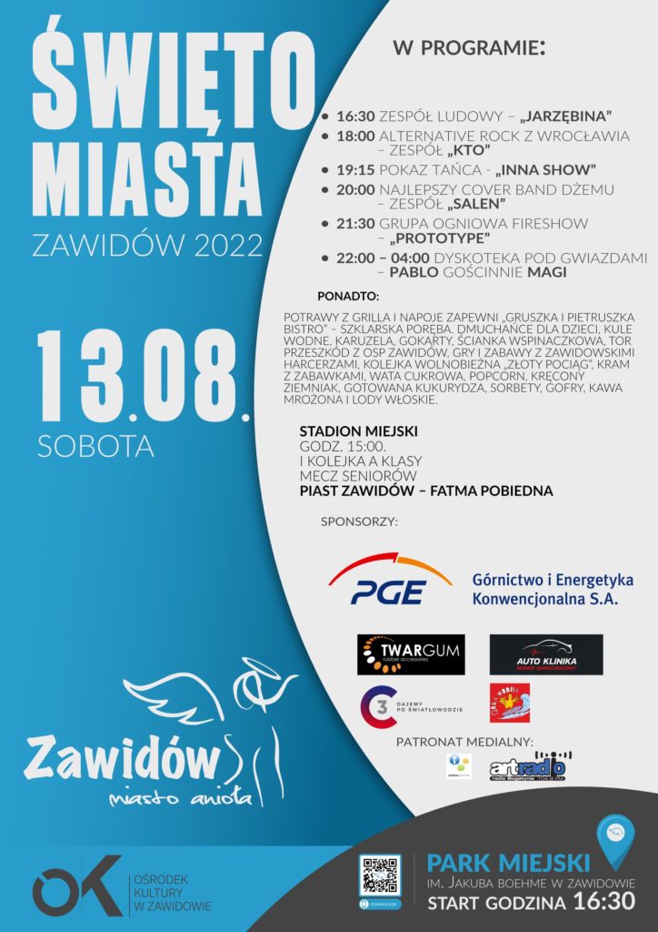 plakat w kolorach niebieskim, białym i szarym z programem, logo miasta i sponsorów