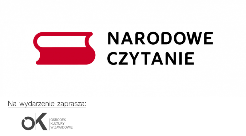 Czerwona książka z napisem Narodowe Czytanie oraz logo Ośrodka Kultury w Zawidowie