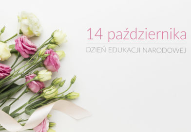 Wiązanka życzeń oraz różowy napis 14 października, DZIEŃ EDUKACJI NARODOWEJ