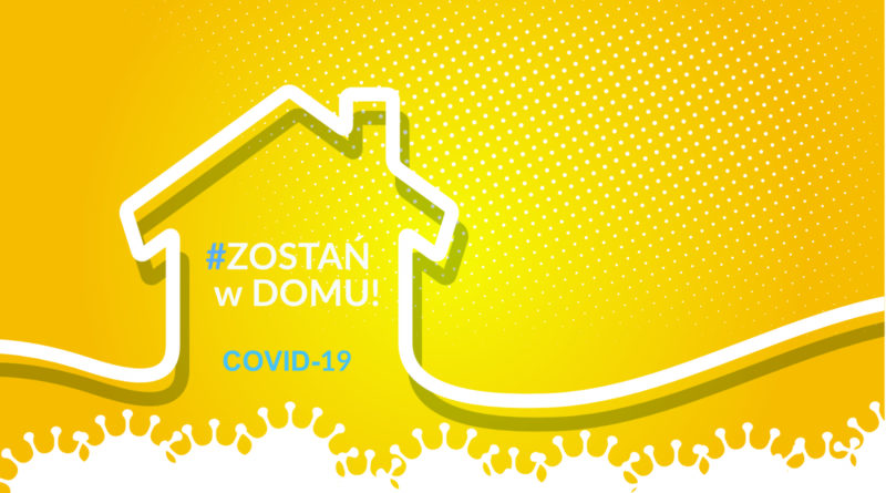 Uproszczona grafika domu na żółtym tle z napisem "zostań w domu". COVID-19