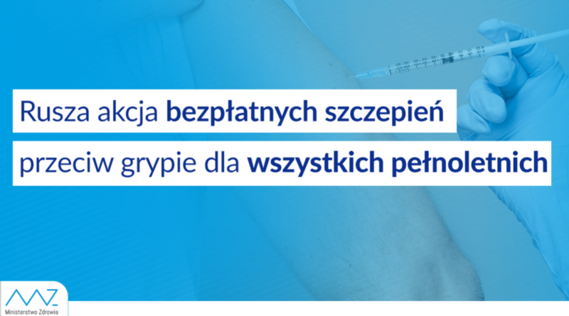 baner MZ na niebieskim tle z informacją o darmowych szczepieniach przeciwko grypie