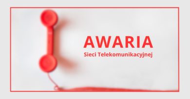 czerwona słuchawka oraz czerwony napis AWARIA sieci telekomunikacyjnej