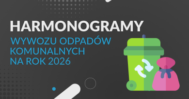 Napis informujący o harmonogramie oraz zdjęcia 2 worków na śmieci.