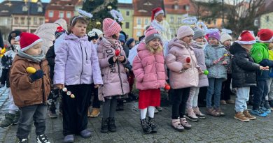 Grupa dzieci przedszkolnych, stojąca przy choince miejskiej.