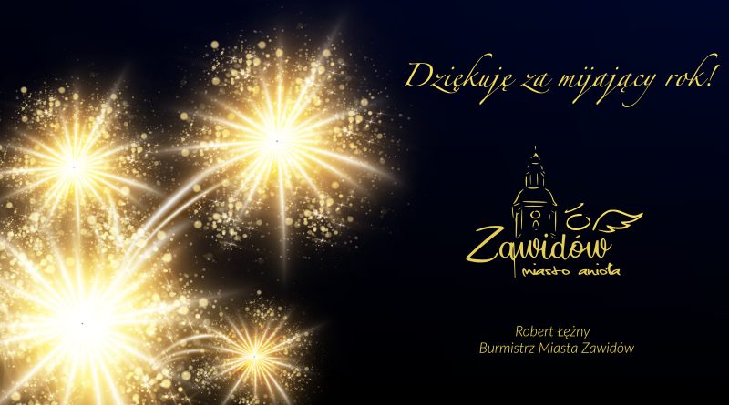 Fajerwerki na czarnym tle oraz logo miasta, wieża oraz element anielski. nowa anioła i skrzydło.