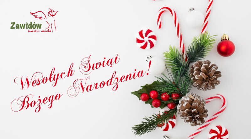 stroik, szyszko, gałązki świerkowe, lizaki biało-czerwone i jarzębina. Napis "Wesołych Świąt bożego Narodzenia" i logo miasta anioł.