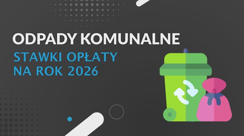 Czarne tło a na nim zielony pojemnik na opady i różowy worek/.