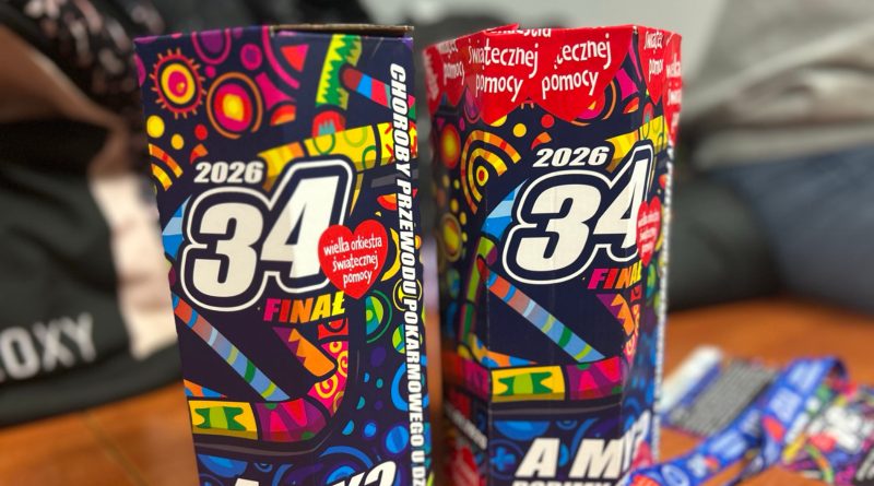 2 kolorowe puszkI WOŚP z napisem 34 finał.