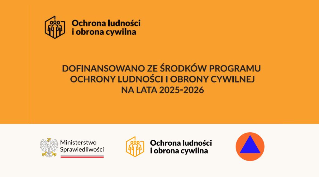Pomarańczowe tło a na nim napis o dofinansowaniu praz 2 loga, ministerstwa sprawiedliwości, olioc oraz międzynarodowy znak oc - pomarańczowe kółko a w nim niebieski trójkąt.