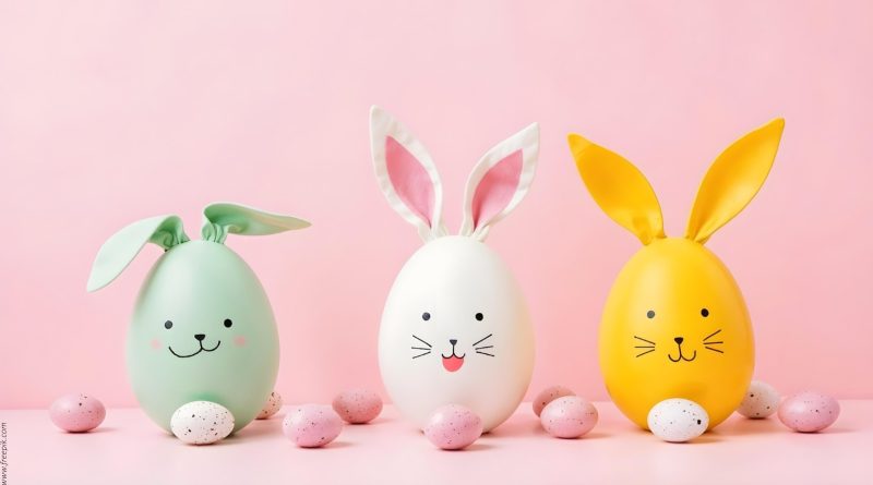 Różowe tło, a na nim zielone, białe oraz żółte jajka udekorowane jak wielkanocne zajączki.