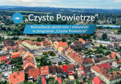Konsultacje społeczne i statystyki w programie „Czyste Powietrze” Miasto z lotu ptaka (rynek miejski) z informacją o konsultacjach społecznych i zmianach w programie