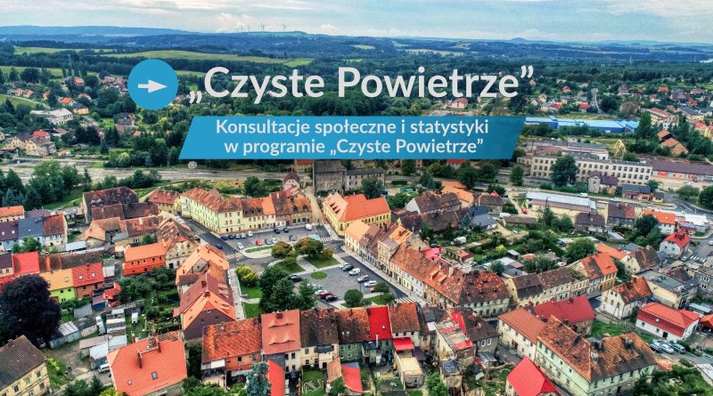 Konsultacje społeczne i statystyki w programie „Czyste Powietrze” Miasto z lotu ptaka (rynek miejski) z informacją o konsultacjach społecznych i zmianach w programie