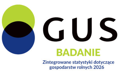 Badanie: „Zintegrowane statystyki dotyczące gospodarstw rolnych 2026” Logo Głównego Urzędu Statystycznego: dwa okręgi w zielonym i granatowym kolorze. oraz napis GUS w kolorze czarnym.