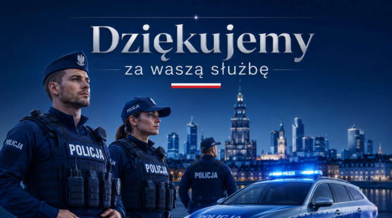Niebieskie tło, a na nim 3 funkcjonariuszy Policji w umundurowaniu, w tle miasto i auto policyjne.
