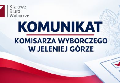 Komunikat Komisarza Wyborczego w Jeleniej Górze dotyczących wyborów uzupełniających do Rady Miejskiej w Zawidowie Lekko błękitne tło, a na nim napis: Komunikat Komisarza Wyborczego w Jeleniej Górze, biało czerwona flaga, lista do głosowania i logo KWB